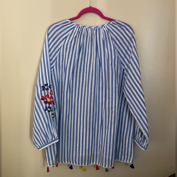intro. Embroidered Floral, Blue and White Stripped Tunic Top w/ Colorful Tassels - Picture 7 of 7